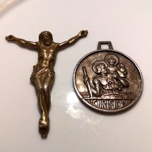 Vintage Antique Bronze Jesus Christ and Saint Christopher Medal